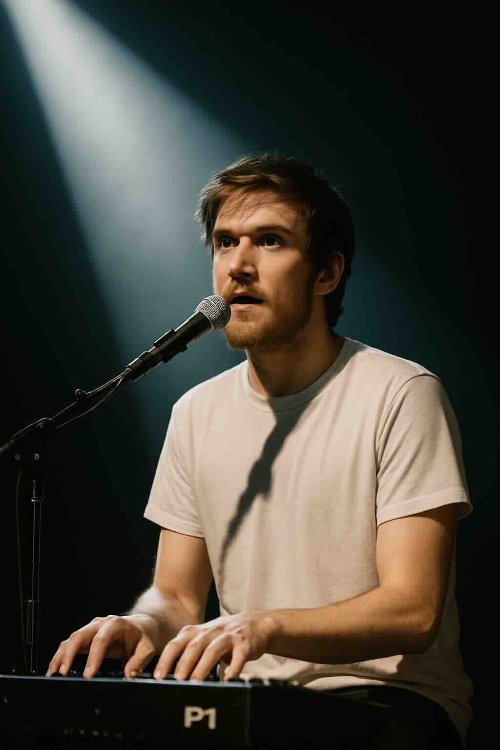 Bo Burnham performing on stage with a keyboard and dramatic lighting