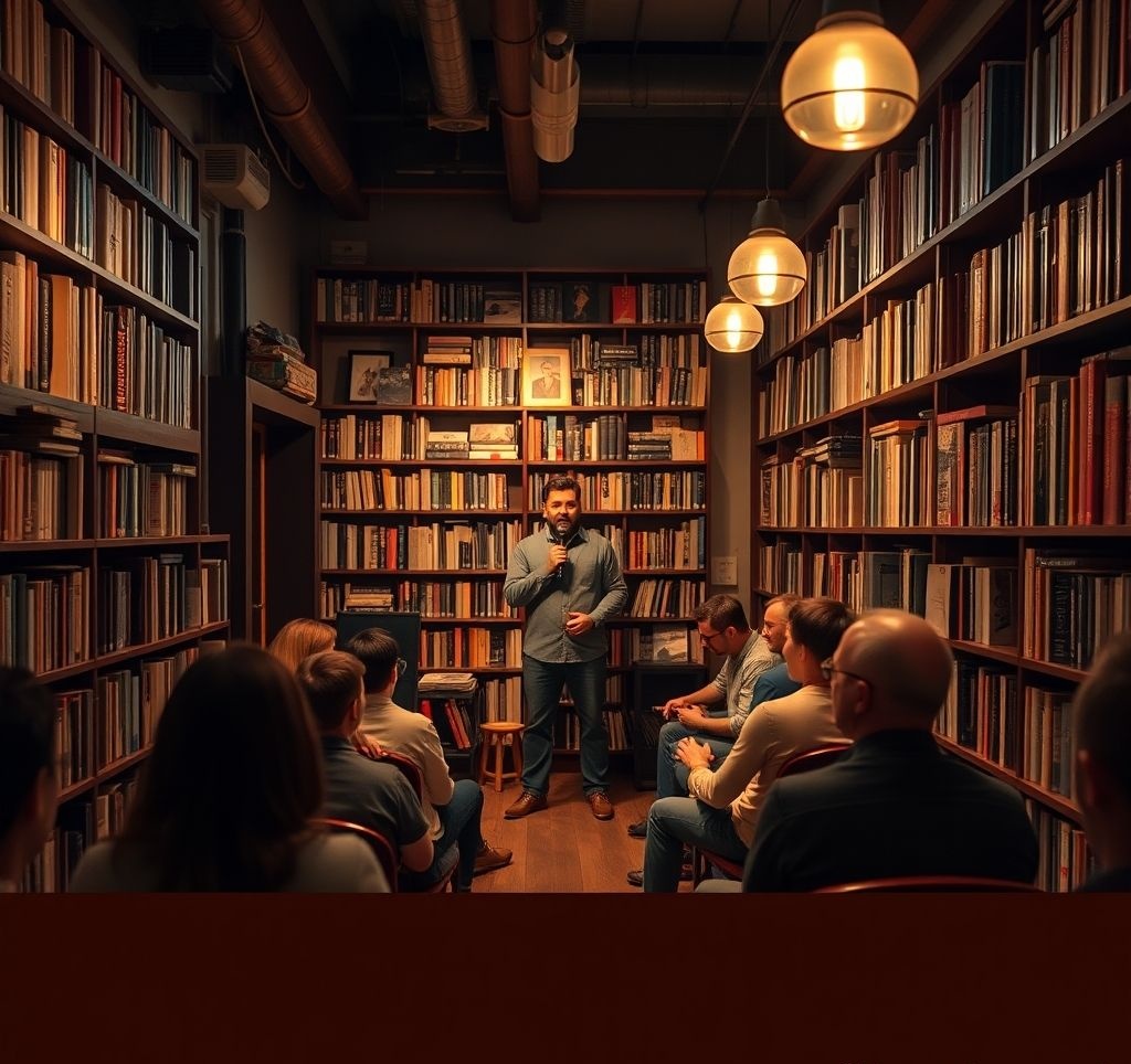 Comedy show in a bookstore with bookshelves in the background