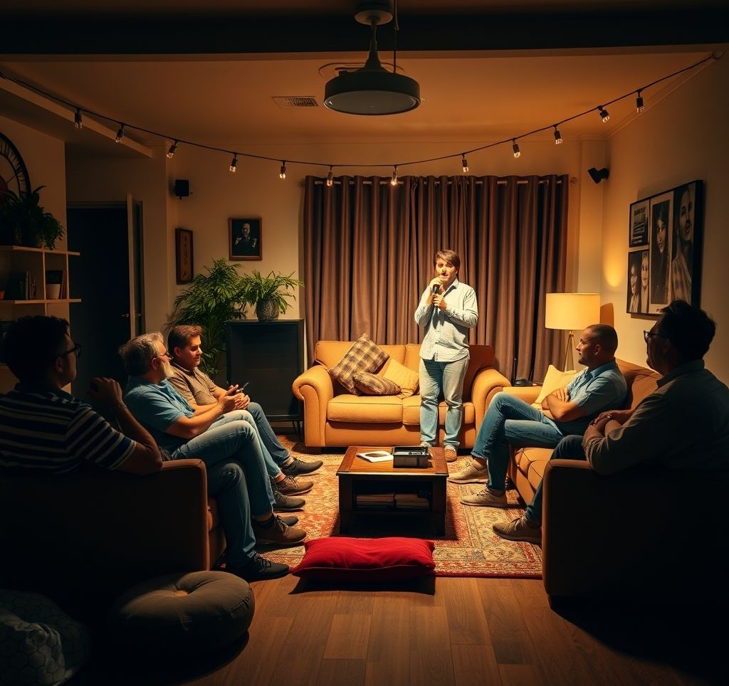 Comedy show in someone's living room with audience seated on couches and floor